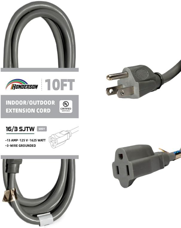 Indoor Outdoor Extension Cord Weatherproof, UL Listed, 16 Gauge 10FT Grey 3 Prong Heavy Duty, 16/3 SJTW 13A Power Cord for Outdoor Lights, Appliances, Lawn