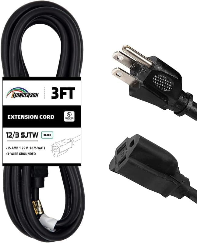 Extension Cord Weatherproof, UL Certified, 12 Gauge 3FT Black 3 Prong Heavy Duty, 12/3 SJTW 15A Power Cord for Lights, Appliances, Lawn