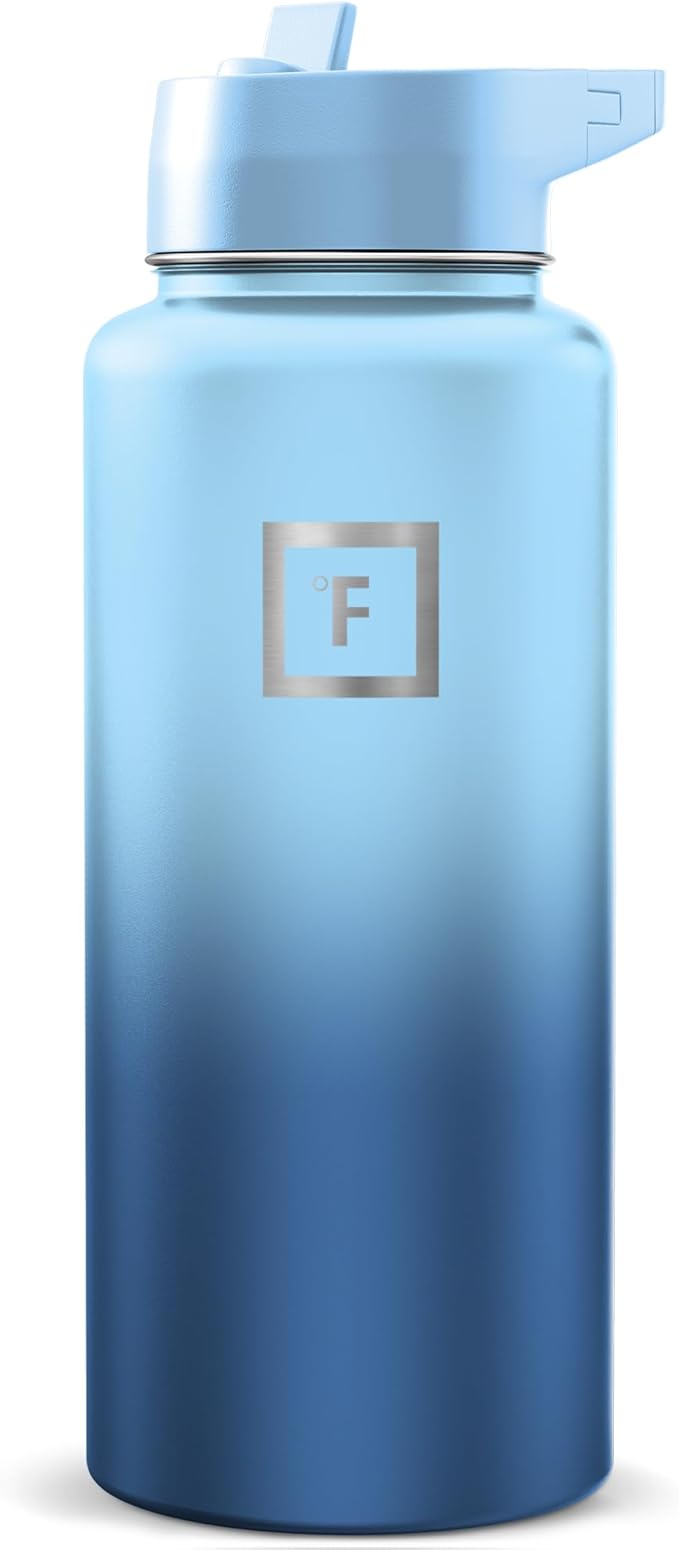 IRON °FLASK Camping & Hiking Hydration Flask with Straw, Wide Mouth Insulated Stainless Steel Sports Water Bottle - Blue Waves 32 oz - Straw (1 Lid)