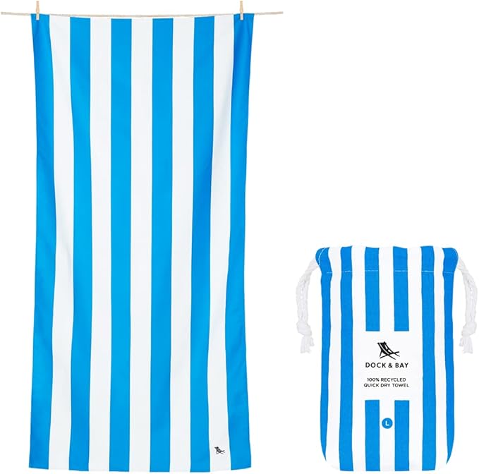 Dock & Bay Customized Beach Towel - Quick Dry, Sand Free - Compact, Lightweight - 100% Recycled - Includes Bag - Cabana - Bondi Blue - Large