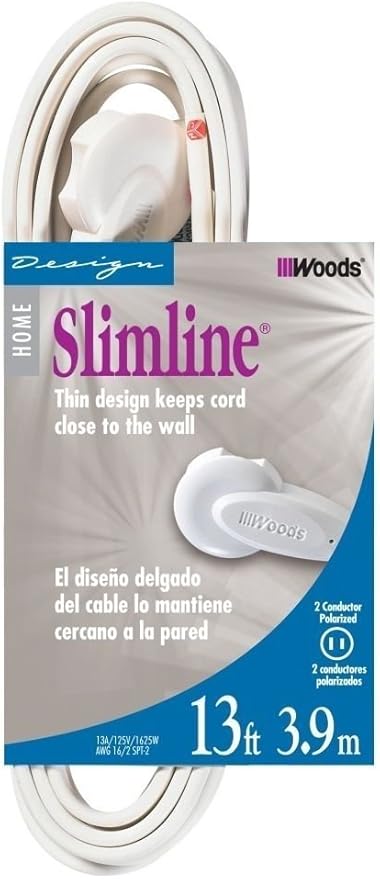 Woods SlimLine Extension Cord - 16/2 Indoor Flat Plug with Right Angled Design - 3 Grounded Outlets - Space Saving Profile - UL Listed - 13 Amp - 125 Volt - White - 13 Feet