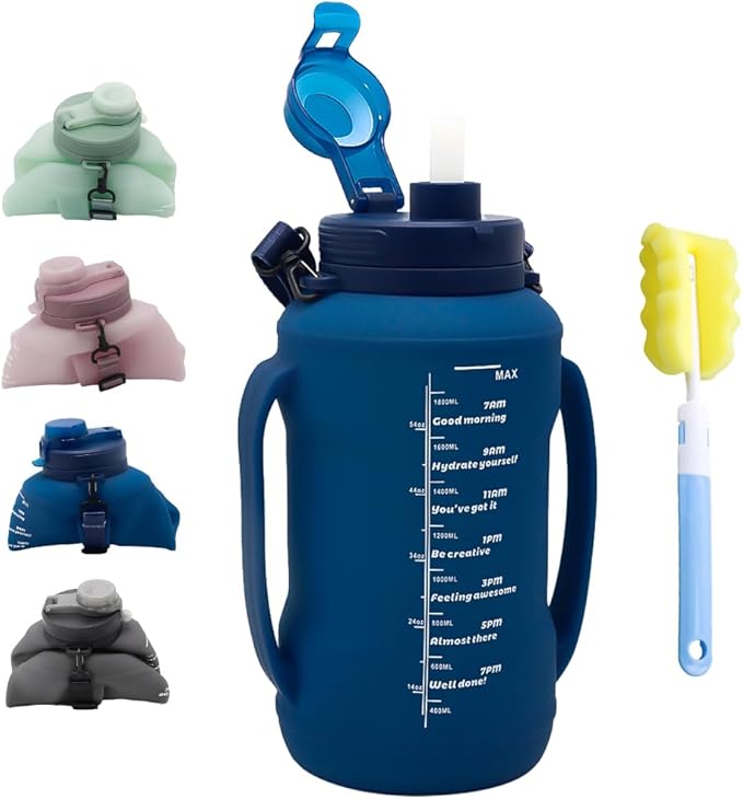 64oz Foldable Water Kettle - Straw & Motivational Time Marker, Half Gallon Silicone Reusable Bottle for Airport Travel, Outdoor Adventures & Home/Office (Blue)