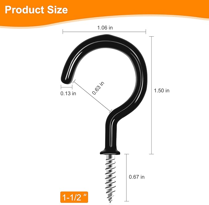 Cup Screw Hooks,1-1/2 inch Vinyl Coated Ceiling 45 Pack Screw in Hooks Plant Hanger Kitchen Cup Hooks Great for Hanging Indoor & Outdoor Use(Black)