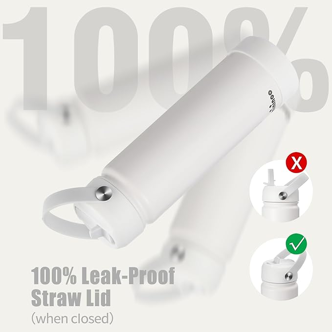 Mininoo Insulated Stainless Steel Water Bottle with Straw, Ceramic-Lined, BPA-Free & Leak-Proof, 24 oz, White