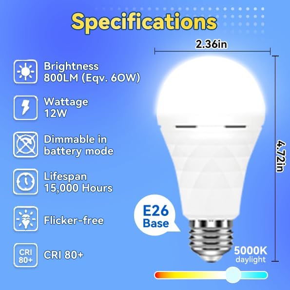 Neporal LITE PRO Rechargeable Light Bulbs, 2600mAh Large Battery Backup Light Bulbs, Socket Rechargeable Emergency Lights for Home, Hurricane Prepareness Item, E26/E27 (White-2600mAh)