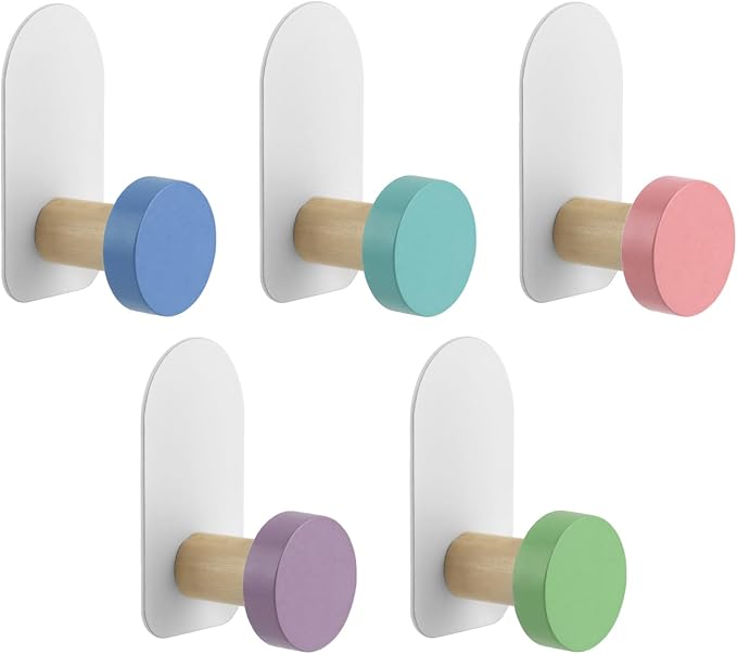 5 Pcs Self-Adhesive Wall Coat Hooks, Cute Wooden Sticky Clothes Hook Colorful Towel Hooks Multi Purpose Stick on Wall Hook Holder for Key Towel Coat Kitchen Bathroom(Macaron Round)