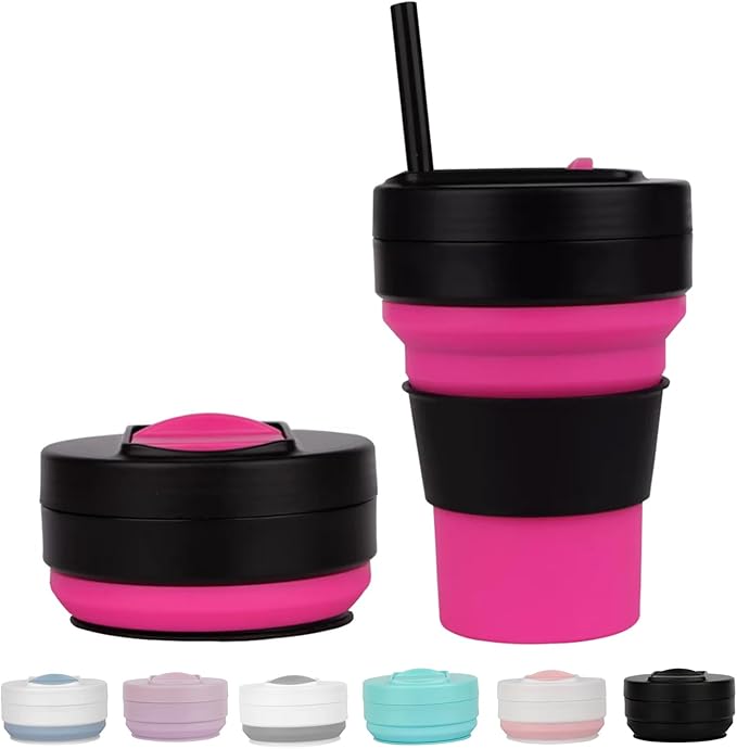 12 Oz Silicone Collapsible Travel Cup,Portable Silicone Water Bottle for Hot and Cold Beverages, Reusable Folding Drinking Cup with Lids 350ml for Camp Hiking Travel with Straw -Black Rose