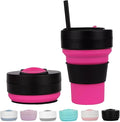 12 Oz Silicone Collapsible Travel Cup,Portable Silicone Water Bottle for Hot and Cold Beverages, Reusable Folding Drinking Cup with Lids 350ml for Camp Hiking Travel with Straw -Black Rose