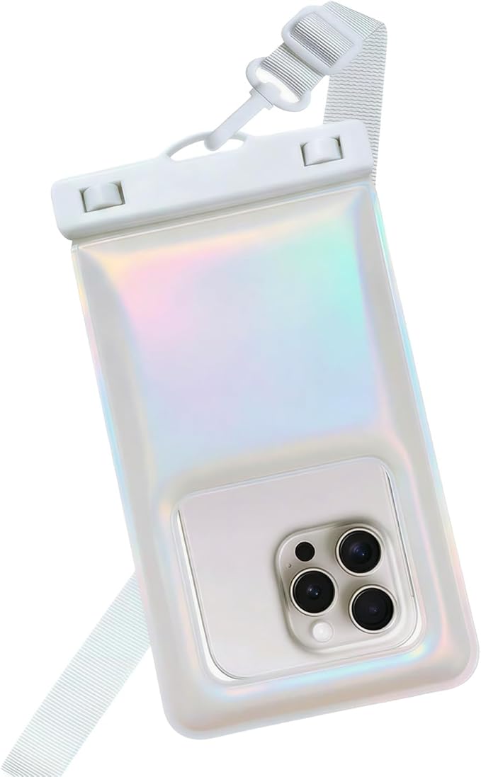 Floatable Waterproof Phone Pouch Case for iPhone 17 16 Pro Max/15/14, IP68 Travel Cellphone Dry Bag Beach Cruise Ship Essentials Bags with Crossbody Lanyard, Pearlescent - 7″