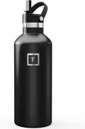 IRON °FLASK Camping & Hiking Hydration Flask with Straw, Narrow Mouth Insulated Stainless Steel Sports Water Bottle - Midnight Black 32 oz - Straw (1 Lid)