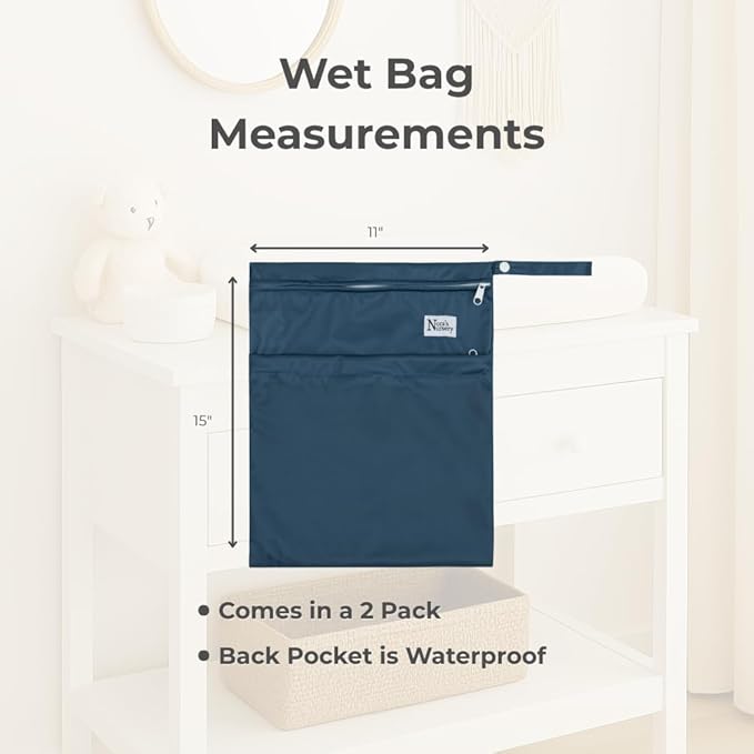 Nora's Nursery Wet Dry Bags with Two Zippered Pockets - Reusable and Washable for Swimming, Travel, Beach, Pool, Daycare, Cloth Diapers, Toiletries, and Wet Swimsuits - 11x15, Sea - 2-Pack
