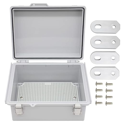 Electrical Junction Box with Mounting Plate, Hinged Cover Stainless Steel Buckles, IP67 Outdoor Project Box Weatherproof DIY Electrical Enclosure 8.6×6.7×4.3 inch (220×170×110mm)