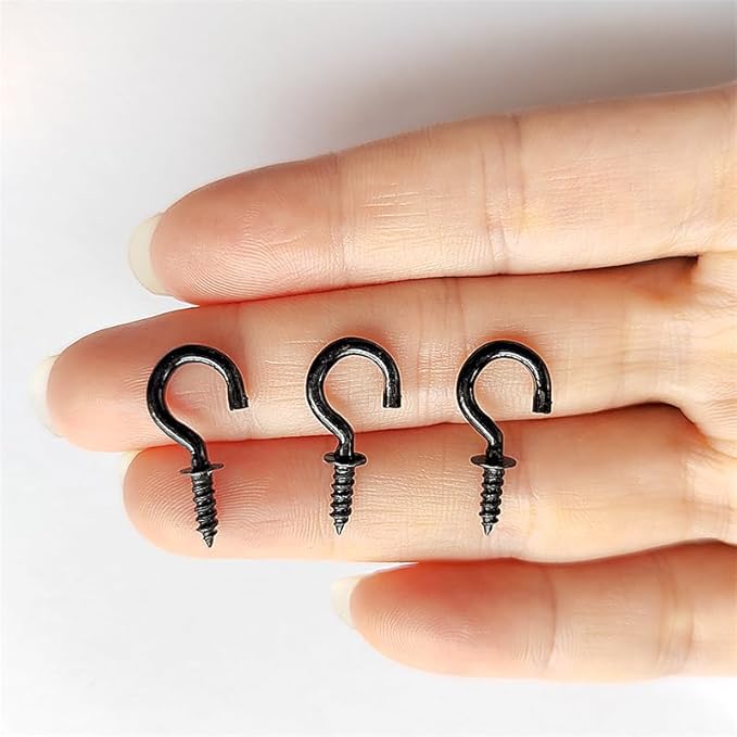Set of 100 Nickel Plated Metallic Black Cup Hooks Small Hooks, 1/2 Inch Delicate Size, Threaded Ceiling Hooks, Plant Hooks, Kitchen, and More Multi-Purpose in One