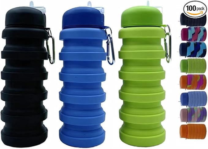 Collapsible Water Bottles 3 Pack 16oz(about 500ml), Travel Portable Sport Water Bottle, Silicone Foldable Water Bottles for Gym Camping Outdoor Hiking. (Black+Blue+Green)