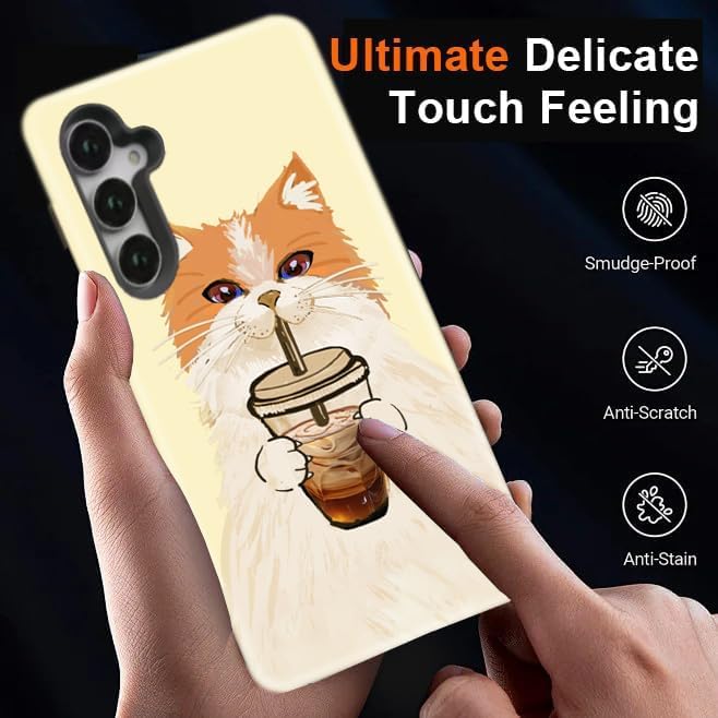 Compatible for Samsung Galaxy A57 5G Case, Dual Layer Heavy Duty 2 in 1 Shockproof Protective Phone Case,Cat Drinking Coffee