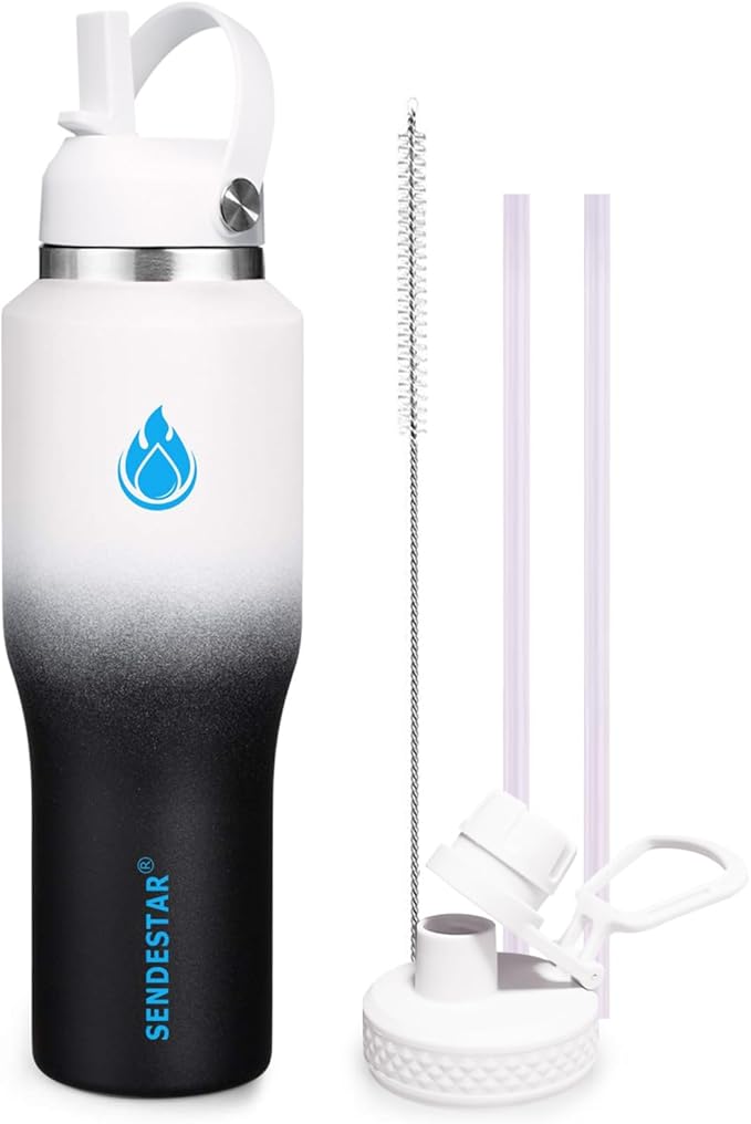 SENDESTAR Water Bottle,Wide Mouth Stainless Steel Vacuum Insulated Double Wall Keep Liquids Cold or Hot All Day,Sweat Proof Sport Design,Fit Car Cup Holder,White Black Gradient,40 Ounces