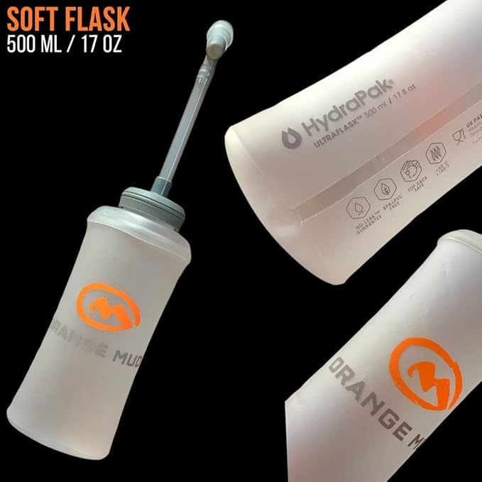 Orange Mud 500ml Soft Flask – 17oz Collapsible Hydration Bottle – BPA & PVC Free – Ultra-Light, Leak-Proof, Soft Material – Fits Any Pocket – with Optional Tube & Bite Valve