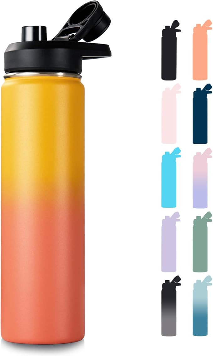 Fijinhom 24 oz Insulated Water Bottle with Handle, 304 Stainless Steel Water Bottles with Wide Mouth, Double Wall Vacuum Sports Water Bottle, BPA Free, Keep Cold and Hot, Yellow&Orange