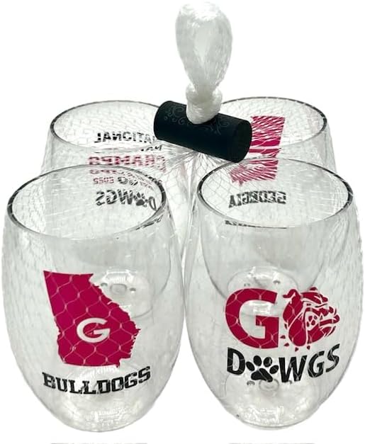 Wine-Oh! Set of 4 Shatterproof Designer 16 oz Plastic Wine Glasses MADE in the USA (GEORGIA BULLDOGS)
