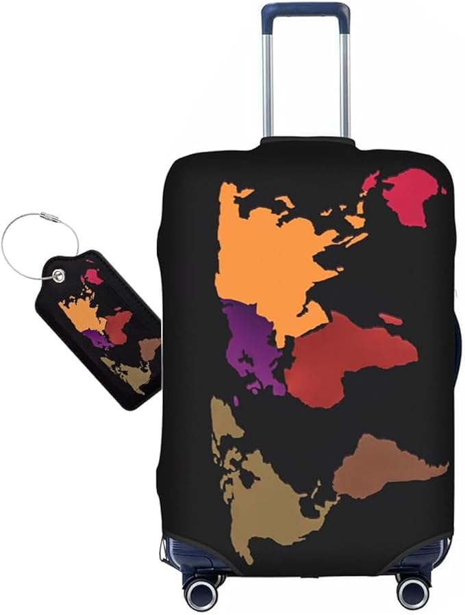 World Map Luggage Cover for Suitcase and Luggage Tag Combination, Elastic Washable Anti-Scratch Protector, Travel Birthday Gift for Men Women (XL 29-32 Inch Luggage)