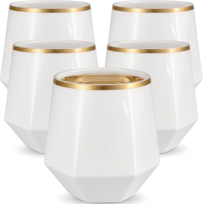 Oojami 40 Pack Diamond Stemless Plastic Wine Glasses Gold Rim, 12 Oz Disposable Clear Champagne Whiskey Cocktail Cups, BPA-Free Shatterproof Unbreakable for Wedding Party Bar (White Gold)