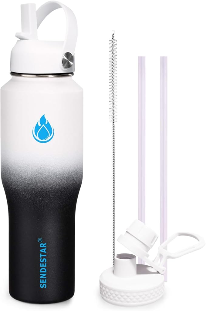 SENDESTAR Water Bottle,Wide Mouth Stainless Steel Vacuum Insulated Double Wall Keep Liquids Cold or Hot All Day,Sweat Proof Sport Design,Fit Car Cup Holder,White Black Gradient,32 Ounces