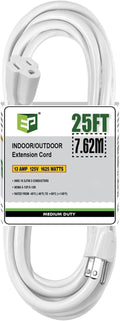 EP 25 Ft Outdoor Extension Cord - 16/3 SJTW White Electrical Cable with 3 Prong Grounded Plug