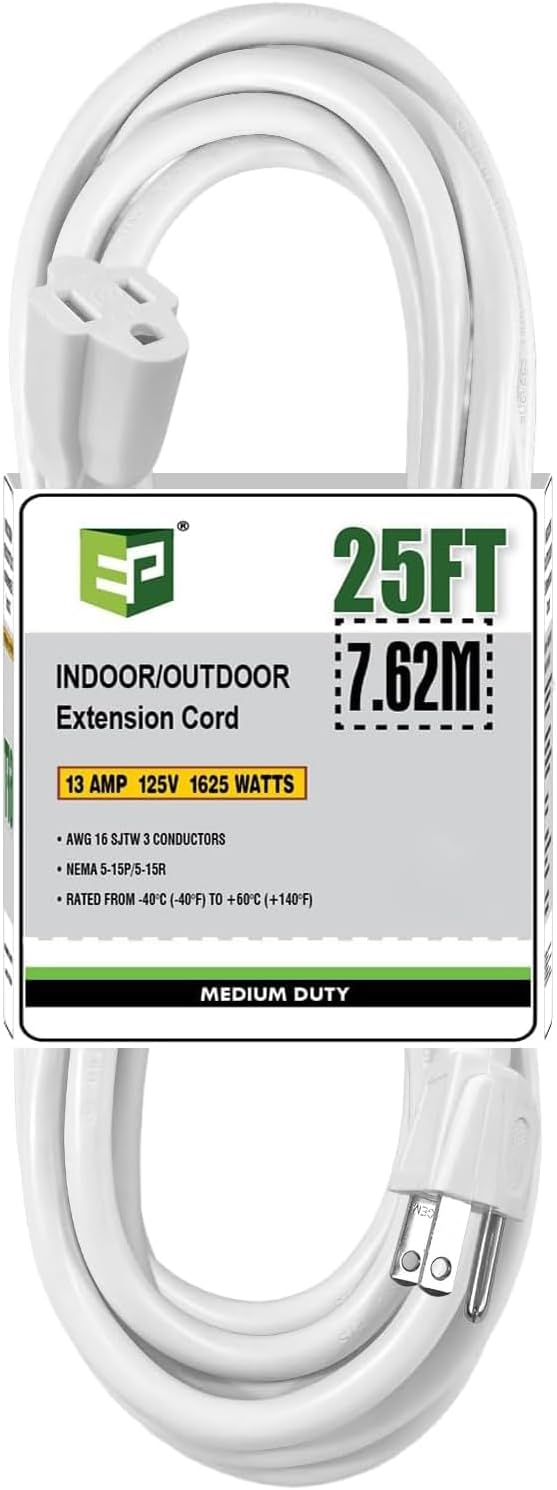 EP 25 Ft Outdoor Extension Cord - 16/3 SJTW White Electrical Cable with 3 Prong Grounded Plug