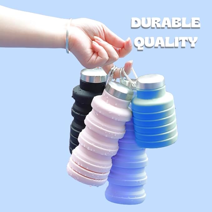 Vnek Portable Collapsible Water Bottle - Lightweight Silicone Bottle 500ml, BPA-Free, Leak-Proof and Foldable for Gym, Travel, Hiking, Camping, and Everyday Use (Pink)