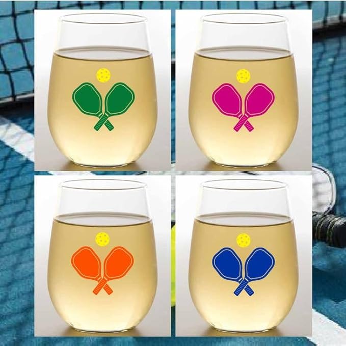 Set of 4 Shatterproof Designer 16 oz Plastic Wine Glasses MADE in the USA (PICKLEBALL)