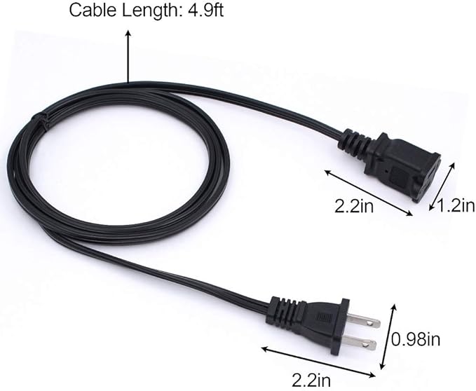 2-Pack Extension Cord 2 Prong, 5FT Short and Small Etension Cords Male/Female Indoor Power Cable for NEMA 1-15P to NEMA 1-15R Black