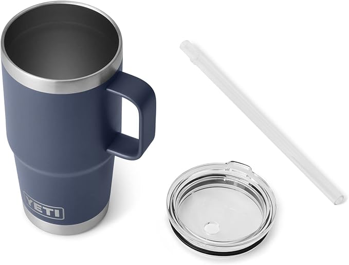 YETI Rambler 25 oz Tumbler with Handle and Straw Lid, Travel Mug Water Tumbler, Vacuum Insulated Cup with Handle, Stainless Steel, Navy