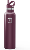 IRON °FLASK Camping & Hiking Hydration Flask with Straw, Narrow Mouth Insulated Stainless Steel Sports Water Bottle - Burgundy 24 oz - Straw (1 Lid)