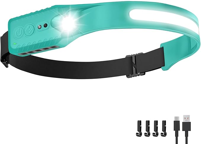 Nessciera Rechargeable LED Headlamp (Blue), 400 Lumens, 230° Wide Beam, USB-C, IPX4, 5 Modes — Lightweight, Adjustable Headband; Hard Hat Clips for Camping, Hiking, Running & Repairs, Gift