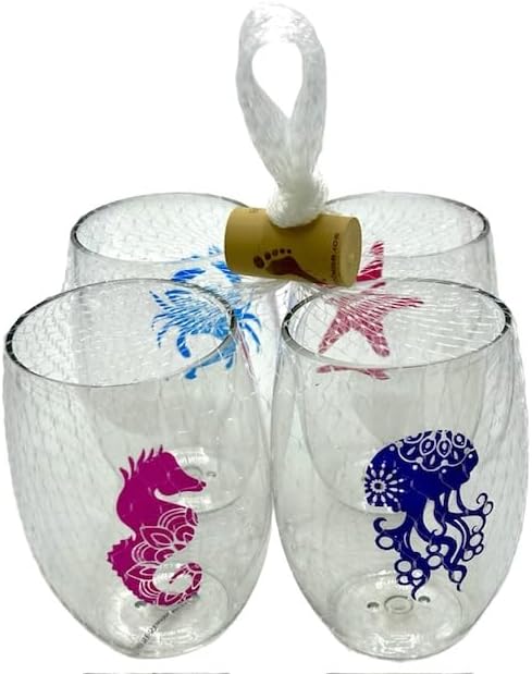 Set of 4 Shatterproof Designer 16 oz Plastic Wine Glasses MADE in the USA (SEA LIFE)