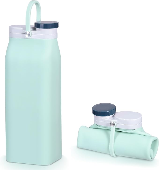 Collapsible Water Bottle,Reusable Foldable BPA Free Silicone Water Bottle,Portable Leakproof Sport Water Bottle for Running Traveling Hiking Camping Lightweight Durable 20 oz (Blue)