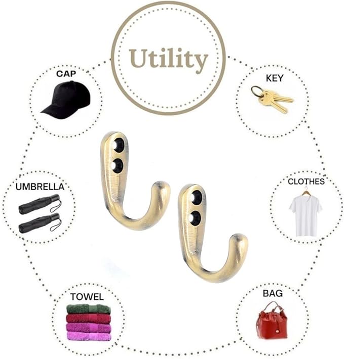 FAPBADRI Multipurpose Hooks, Used to Hang Clothes, Bags, Coats, Curtain Hold Backs, Keys, Antique Gold Colour, Material - White Metal, Screws and Wallplugs Included, Pack of 2 Pieces