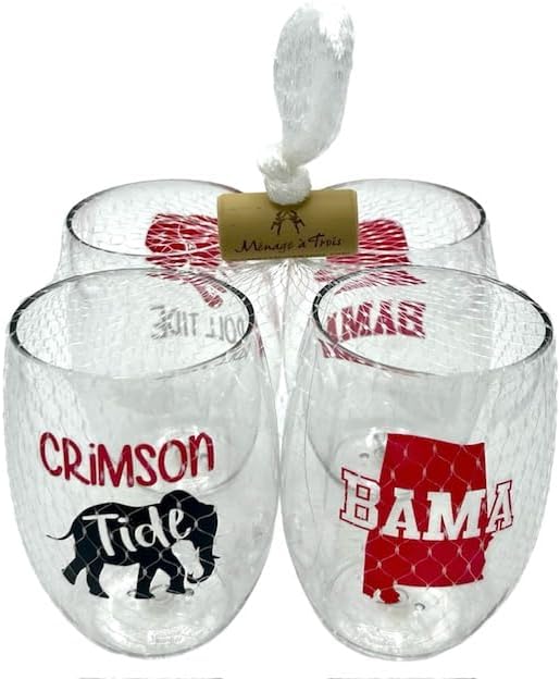 Wine-Oh! Set of 4 Shatterproof Designer 16 oz Plastic Wine Glasses MADE in the USA (ALABAMA)