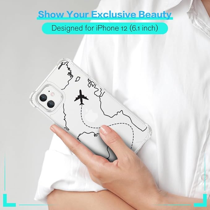FANXI Minimalist Airplane Travel Map Phone Case Compatible with iPhone 12/12 Pro (6.1 Inch) - Shockproof Clear Soft TPU Protective Cover with Airplane Design for Women Men and Girls