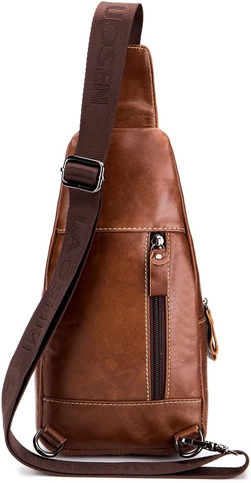 Hebetag Leather Sling Bag Crossbody Backpack for Men Women Outdoor Travel Camping Hiking Shoulder Chest Day Pack Casual Daypack, Brown