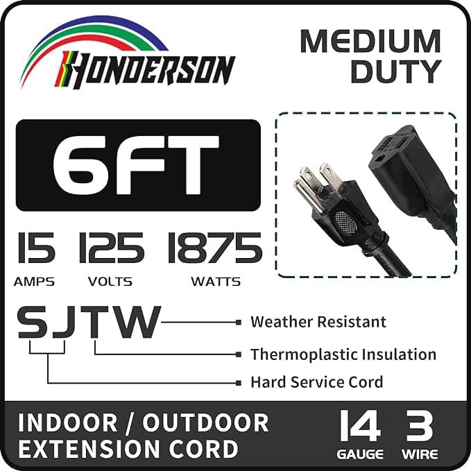 Indoor Outdoor Extension Cord Weatherproof, UL Certified, 14 Gauge 6FT Black 3 Prong Heavy Duty, 14/3 SJTW 15A Power Cord for Outdoor Lights, Appliances, Lawn