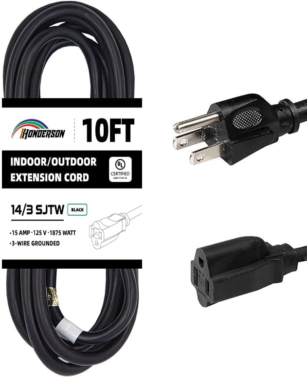 Indoor Outdoor Extension Cord Weatherproof, UL Certified, 14 Gauge 10FT Black 3 Prong Heavy Duty, 14/3 SJTW 15A Power Cord for Outdoor Lights, Appliances, Lawn