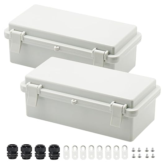 Zulkit 2pcs Junction Box ABS Plastic Dustproof Waterproof IP65 Electrical Boxes Hinged Shell Outdoor Universal Project Enclosure with 2 Cable Glands 7.9 x 3.9 x 2.8 inch (200x100x70mm)