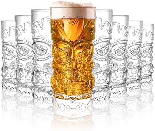 Hacaroa 8 Pack 17 Oz Plastic Tiki Cups, Clear Tiki Cocktail Mug Luau Cup Hawaiian Party Drinking Tumblers for Lemonade, Mixed Drinks, Halloween, Modern Bar, Picnic, Restaurant Supplies