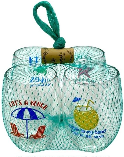 Set of 4 Shatterproof Designer 16 oz Plastic Wine Glasses MADE in the USA (LIFE'S A BEACH)