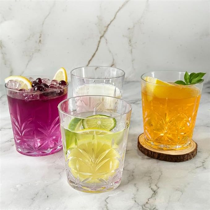 Lily's Home Unbreakable Premium Drinking Glasses Set of 4, Plastic Cups, Reusable Drinkware, Tumblers Water Cups, Shatterproof & Stackable, Indoor & Outdoor, 3.5in×3.9in, 13.5oz. Made in Taiwan.