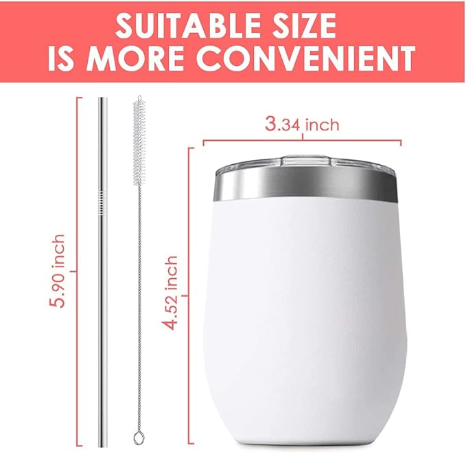 6 Pack 12 oz Stainless Steel Stemless Wine Tumbler with Leakproof Lids, Double Wall Vacuum Insulated Travel Cup Including 6 Straws set,for Coffee, Cocktail, Drink, Tea and Beer (White