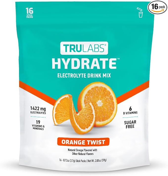 TRULABS Hydrate Electrolyte Drink Mix – Orange Twist Flavor, Sugar-Free Hydration Packets with 1422 mg Electrolytes & 19 Vitamins & Minerals, Monk Fruit Sweetened, On-the-Go Sticks (16 Count)