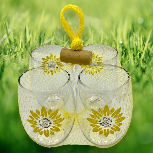 Set of 4 Shatterproof Designer 16 oz Plastic Wine Glasses MADE in the USA (SUNFLOWERS)