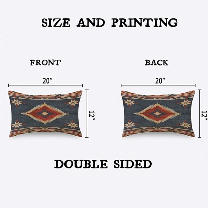 TKS MITLAN Southwest Diamond Blue Red Pillow Covers 12 x 20 Inch Indian Style on Blue Background Decorative Throw Pillow Covers Linen Cushion Case for Sofa Couch